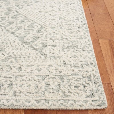 Ivory and Sage Geometric Wool Handmade Area Rug 5' x 8'