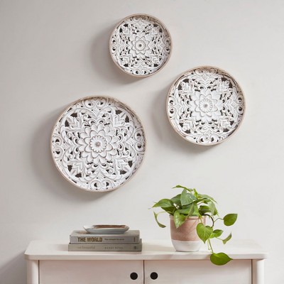 MAYEERTY White Floral 3-piece Carved Wood Wall Decor Set