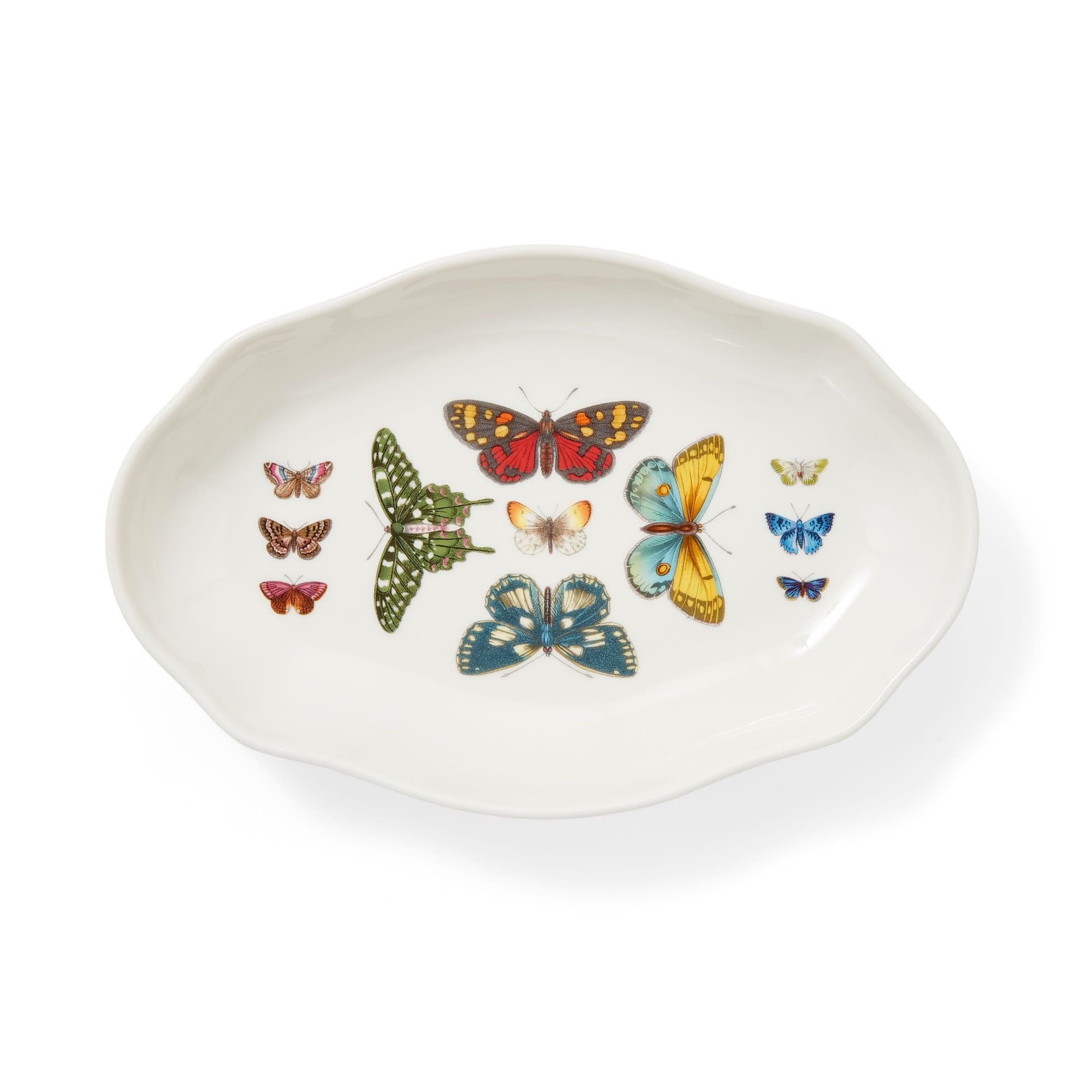 Portmeirion Botanic Garden Harmony Oval Fluted Dish, 8.5-Inch Porcelain Serving Dish with Butterfly Accents, Dishwasher & Microwave Safe