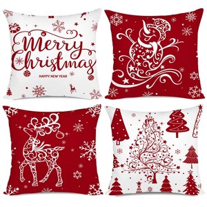 Red Christmas Throw Pillow Covers 18x18 Set of 4 Decorative Holiday Farmhouse Pillow Covers with Trees, Deer, Snowman - 1 of 4