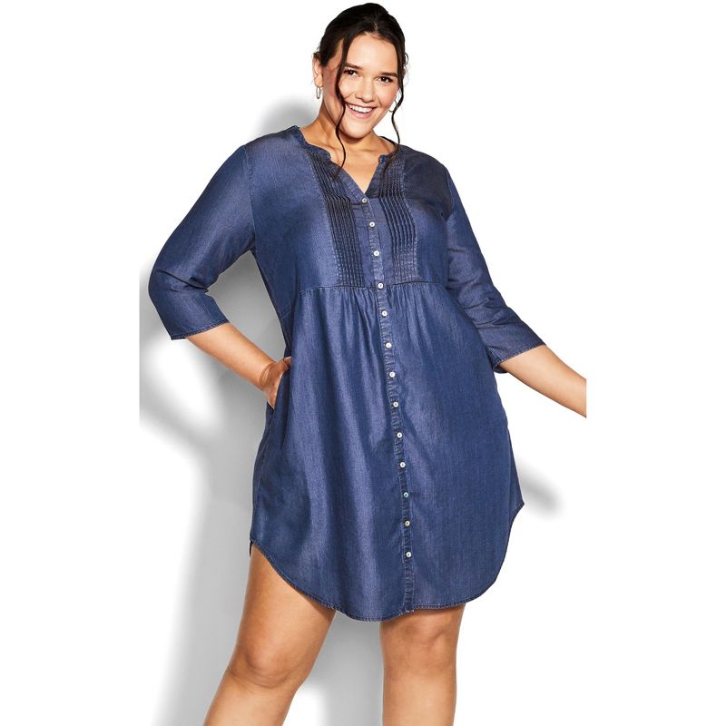 Women's Plus Size Mae Pintuck Shirtdress - indigo | AVENUE, 1 of 12