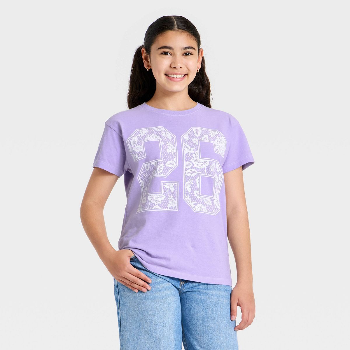 Girls' Floral "26" Oversized Short Sleeve Graphic T-Shirt - Purple