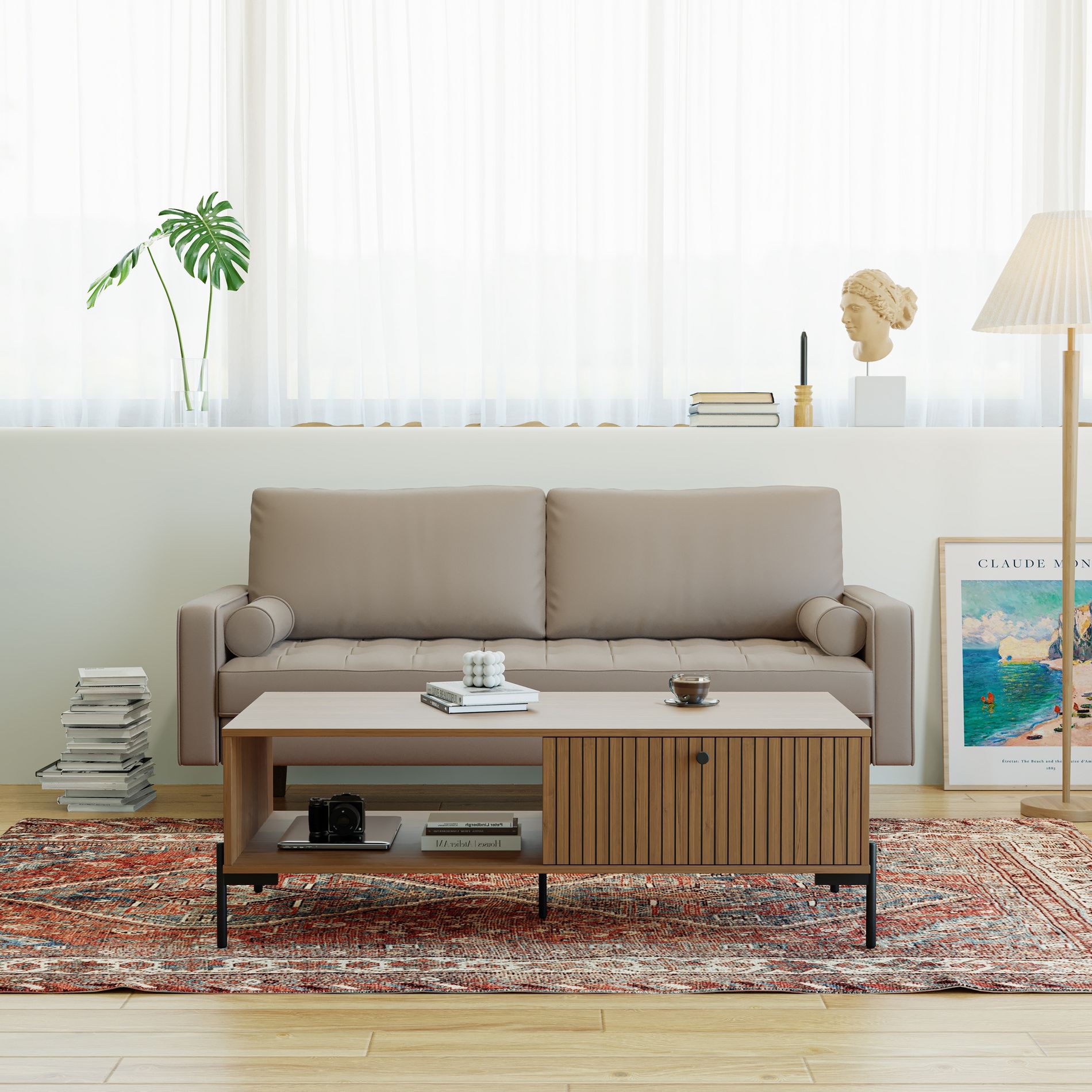 Tree City - 70" Faux Upholstered Mid-Century Modern Leather Square Arm Sofa