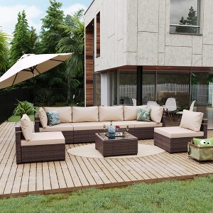 UPHA 7-Piece Brown Rattan Patio Sofa Conversation Set with Cushions - 1 of 4