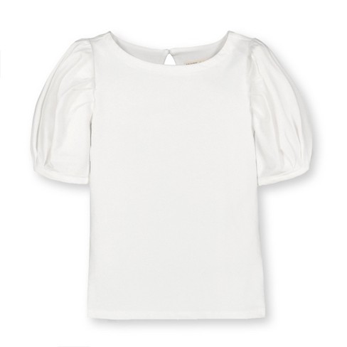 Hope & Henry Girls' Bubble Sleeve Knit Top (White, 12-18 Months)