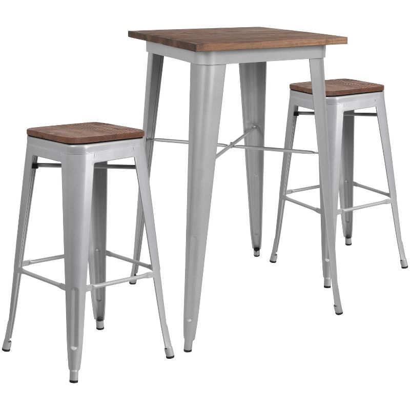 Merrick Lane 3 Piece Bar Table and Stools Set with 23.5" Square Silver Metal Table with Wood Top and 2 Matching Bar Stools, 1 of 5