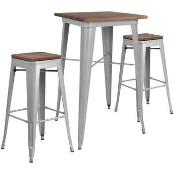 Merrick Lane 3 Piece Bar Table and Stools Set with 23.5" Square Silver Metal Table with Wood Top and 2 Matching Bar Stools