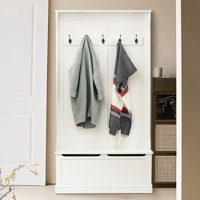 Bright White MDF Hall Tree with Storage Bench and Coat Hooks