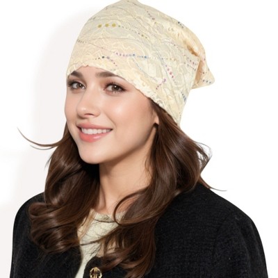Anna-Kaci Women's Lace Slouchy Beanie with Floral Pattern and Sparkling Rhinestone Details