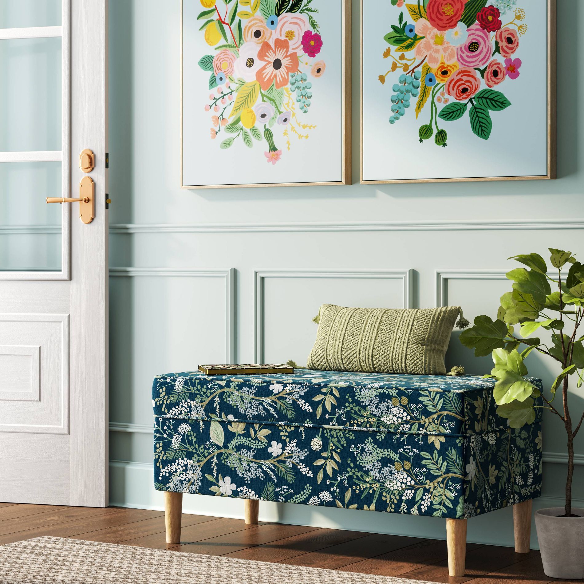 Rifle Paper Co. x Target Storage Bench Juniper Forest: Upholstered Cotton, Pine Frame, Botanical Print