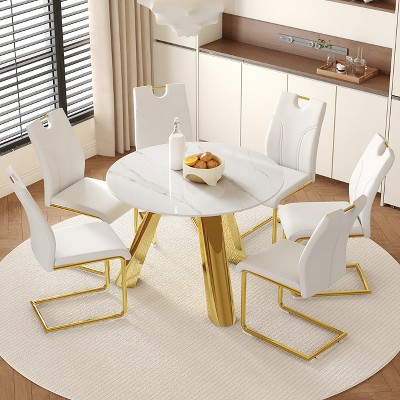 FURNIinspire Dining Sets Table And Chair Set, 42" White Round Dining Table And 6 White Modern Dining Chairs With Stainless Steels Legs