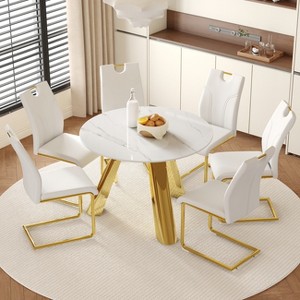 FURNIinspire Dining Sets Table And Chair Set, 42" White Round Dining Table And 6 White Modern Dining Chairs With Stainless Steels Legs - 1 of 4