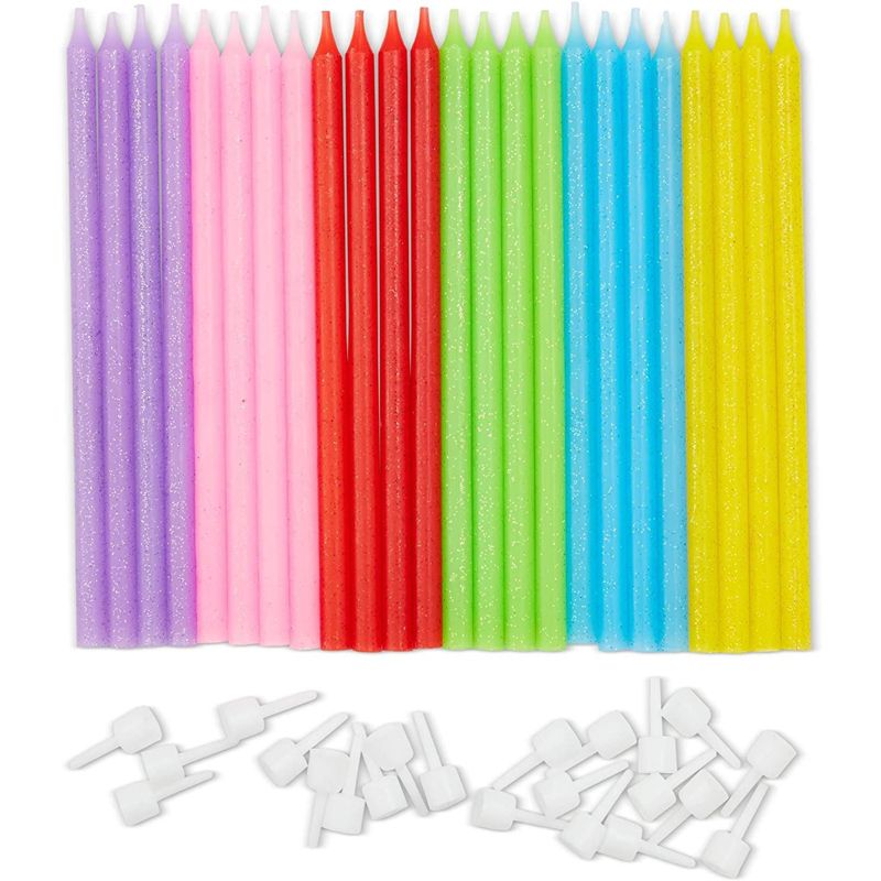 Blue Panda 34-Piece Neon Color Numbers 0-9 and 5" Thin Birthday Cake Topper Candles in Holder for Party Decor, 5 of 9