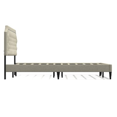 Elegant Beige California King Upholstered Bed with Nailhead Trim