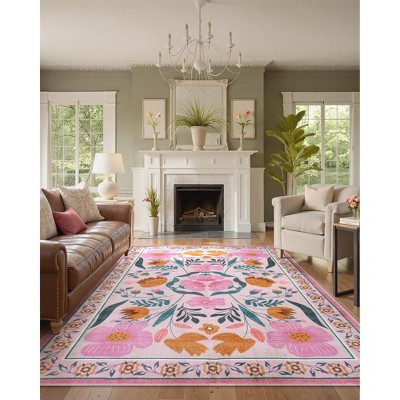 Lahome Washable 6x9 Area Rugs for Bedroom, Floral Living Room Nursery Beige Rugs with Low Pile