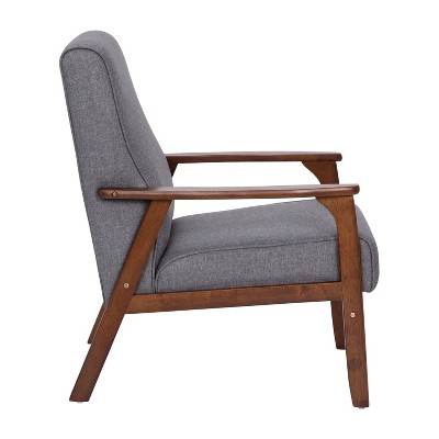 Gray Faux Linen Mid-Century Modern Accent Chair with Wooden Frame