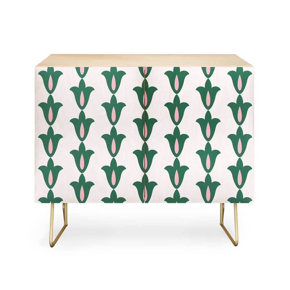 Photos - Wardrobe Maritza Lisa Retro Green Floral Pattern Credenza Birch/Gold - Deny Designs