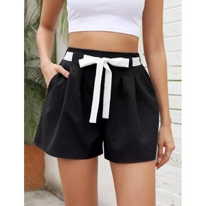 Womens High Waisted Pleated Tie Waist Casual Shorts Elastic Waist Wide Leg Shorts - 1 of 4