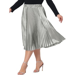 Agnes Orinda Women's Plus Size Pleated Stretched High Waist Metallic Shiny Midi Circle Skirts - 1 of 4