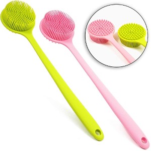 Glamlily 2 Pack Silicone Shower Brush Back & Body Scrubber & Exfoliator, Green, Pink - 1 of 4