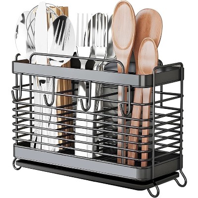 LunaLulinlk Utensil Holder for Kitchen Counter, Stainless Steel Cooking Utensil Holder Organizer with 3 Compartments, Utensil Drying Rack with Hooks