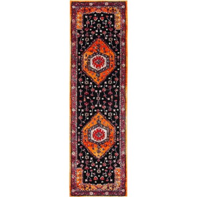 Vintage Hamadan Black and Orange Runner Rug