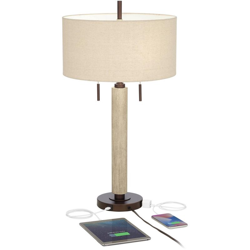 Franklin Iron Works Hugo Industrial Table Lamp 28 1/2" Tall Whitewashed Wood with USB Charging Port and Dimmer Oatmeal Fabric Shade for Bedroom House, 3 of 10