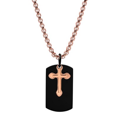 Steeltime 24" Men's 18k rose gold plated stainless steel double cross and black ip dog tag pendant necklace