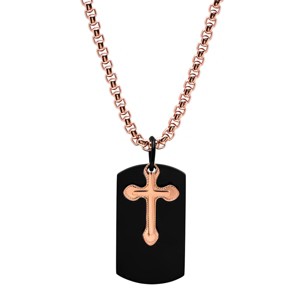 Steeltime 24" Men's 18k rose gold plated stainless steel double cross and black ip dog tag pendant necklace - 1 of 4