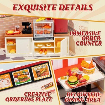 Детские куклы Etokfoks DIY Miniature Burger Restaurant House Kit 110 Piece Plastic Building Set with LED Light 6.4x7.1x6 Inch for Teens Adults — фото 3
