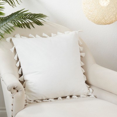 White Cotton Tassel Trim Square Throw Pillow