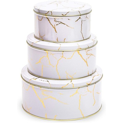 3-Pack Empty Nesting Metal Tin Box Canister Set Round Storage Container for Cookie Candy Gift, White/Gold Marble 3 Sizes