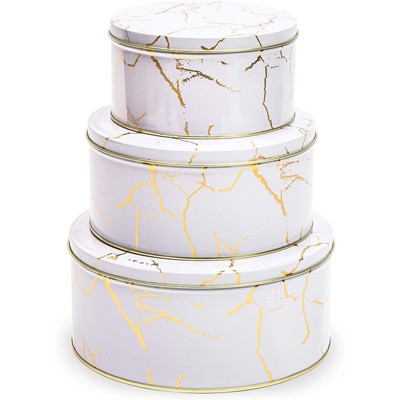 Juvale Set of 3 Marbled Round Nesting Tins with Lids, Circular Metal Kitchen Storage Containers for Cookies and Popcorn in 3 Sizes, White and Gold