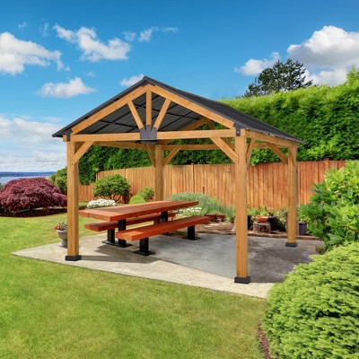 Outsunny 11x13 Hardtop Gazebo with Wooden Frame and Metal Roof