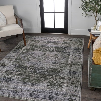 Alanya Dark Green and Gray Medallion Washable 8' x 10' Area Rug