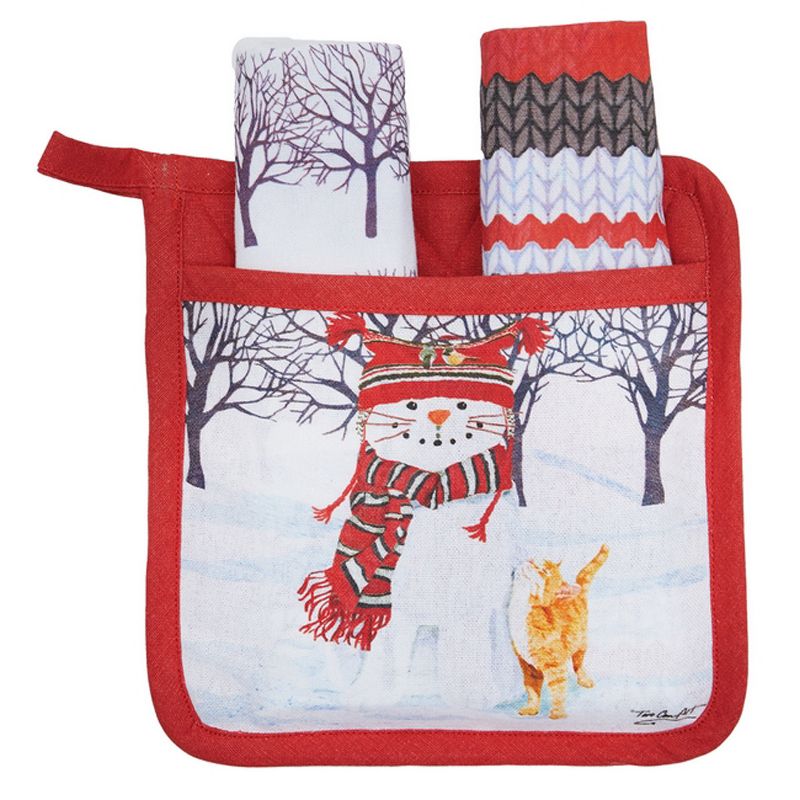 C&F Home Snowman Cat Wearing Winter Hat and Scarf Printed Potholder Gift Set. Set Includes Pot Holder, Printed Kitchen Towel, Plaid Kitchen Towel, and, 3 of 5