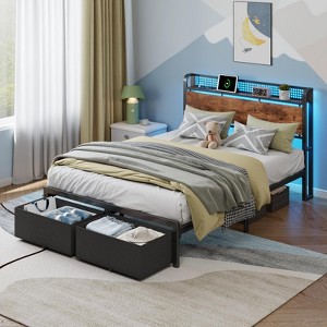 Furnulem Full Size Bed Frame with Headboard Storage Platform Bed Frame Full Size with 2 Drawers Charging Station and LED Lights No Box Spring Needed - 1 of 4