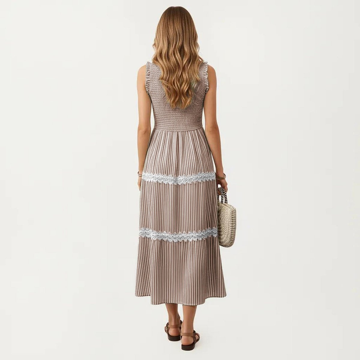 Женские платья Anna-Kaci Women's Sleeveless Smocked Midi Dress with Ruffle Armholes and Lace Trim Panels - Large, Brown — фото 3