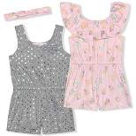 Baby Girl's 2-Pack Butterfly Ruffle Sleeve and Sleeveless Silver Dotted Romper Shorts with Bow Headband For Infants