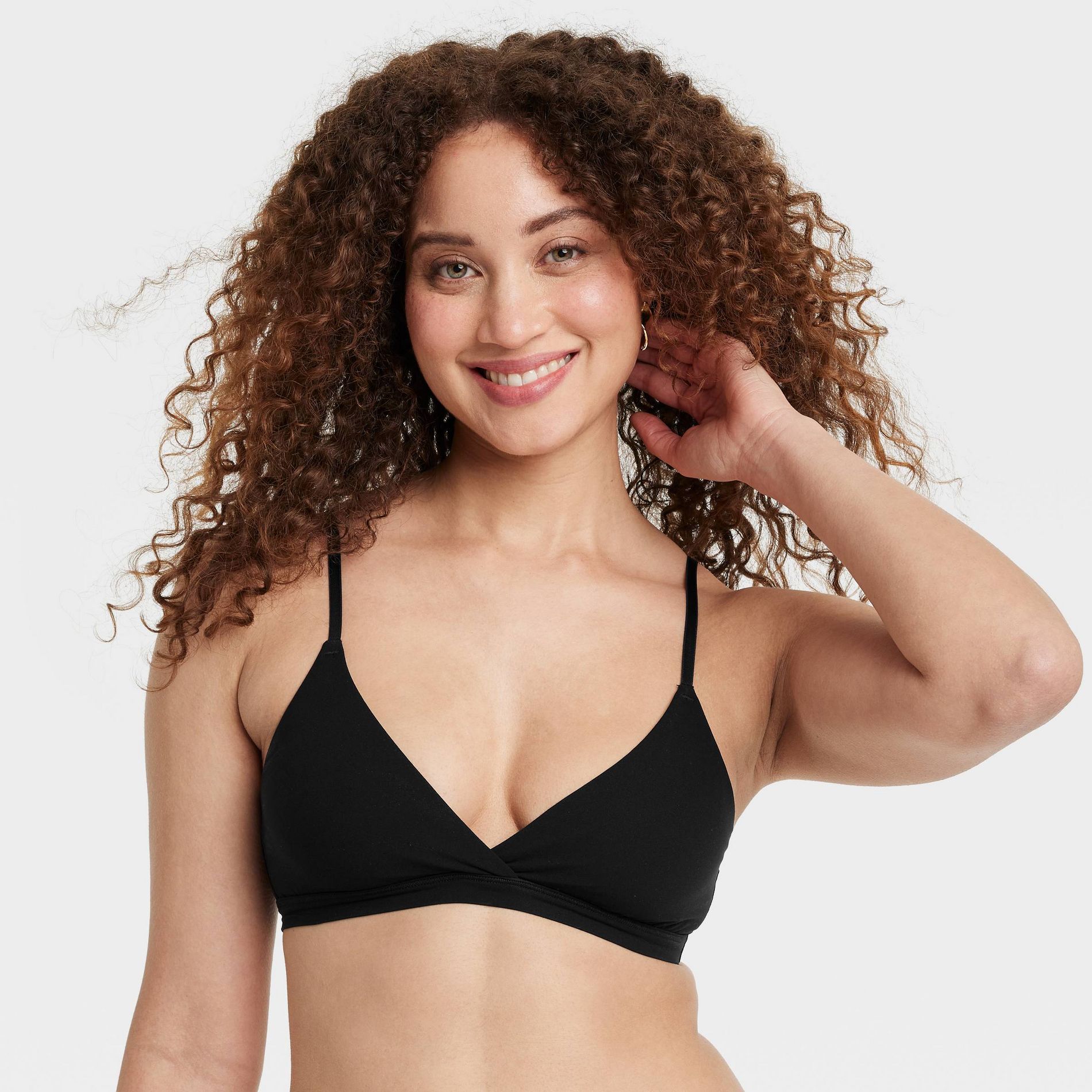 Women's Luxe Stretch Unlined Triangle Bralette - Auden™ Black L: Nylon-Spandex Blend, Mesh Liner, Adjustable Straps, V Neck