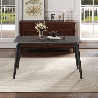 55" Modern Rectangular Dining Table for 6,Sintered Stone Top with Black Metal Legs,Small Space Kitchen or Dining Room Table-Maison Boucle