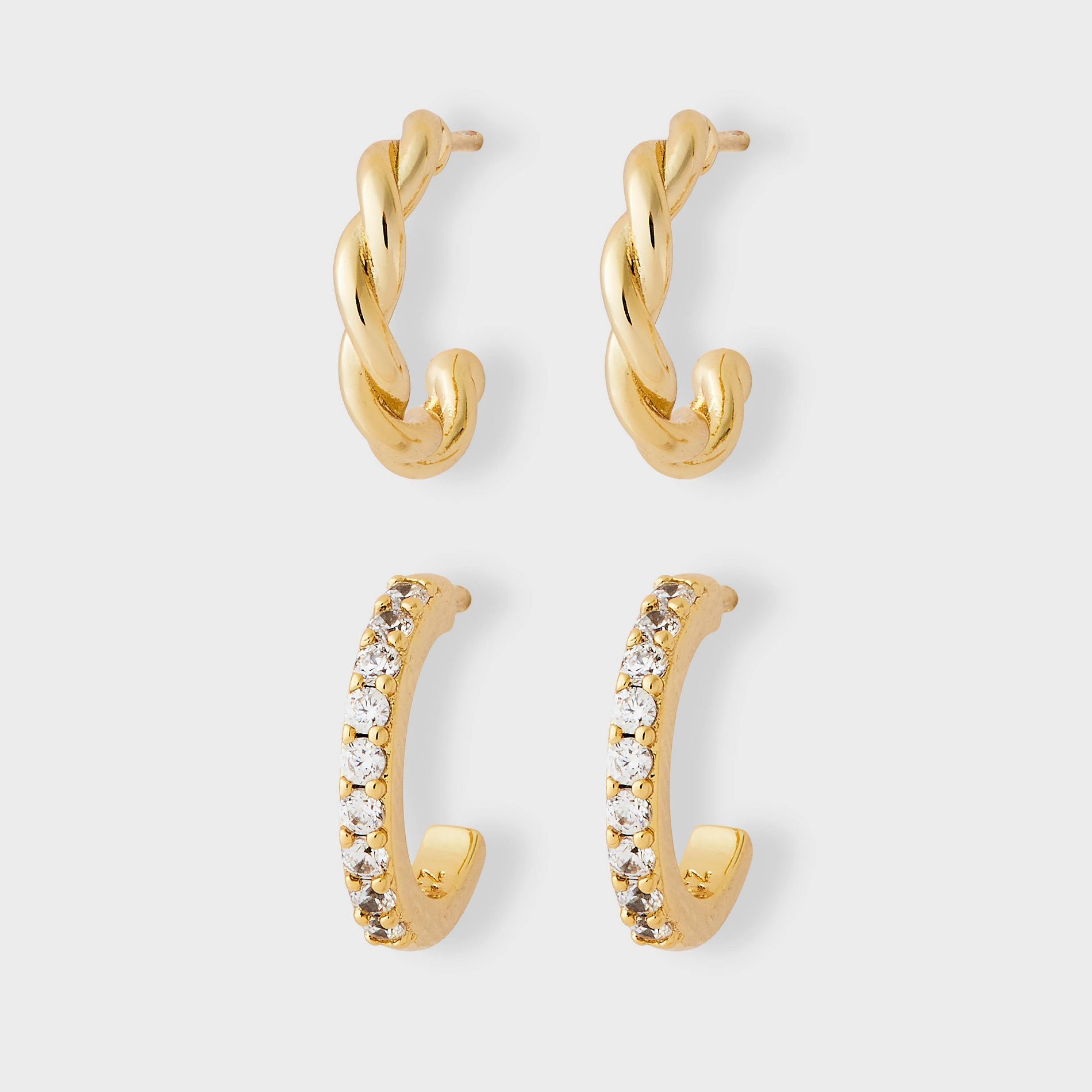 14K Gold Plated & Cubic Zirconia Pave Twist Hoop Stainless Steel Post Earring Set 2pc - A New Day™ Gold