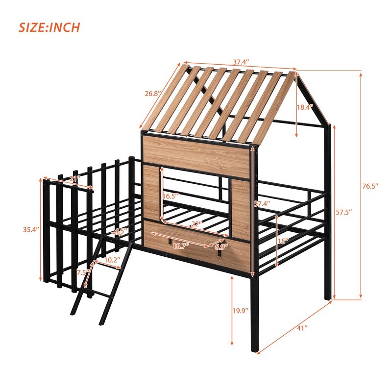 Metal Twin Size Loft Bed with Roof, Windows, Railing and Ladder - ModernLuxe, 3 of 10