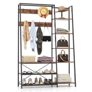 Tangkula Hall Tree with Storage Bench 5-in-1 Freestanding Coat Rack w/ 9 Hooks 5 Side Shelves 2 Mesh Shoe shelves - 1 of 4