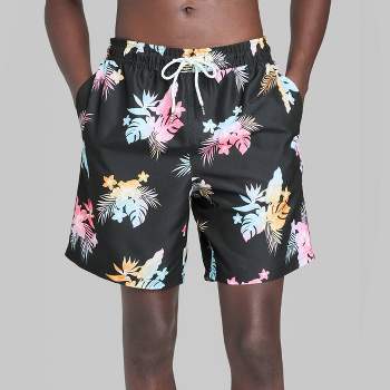 Idealiy Flowers Pattern Black Stripes Swim Trunks Elastic Swimsuit Board  Shorts for Men S