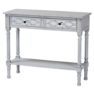 Baxton Studio Gellert Wood 2 Drawer Console Table Gray/Mirror: Traditional Design, Carved Detailing, Storage Shelf