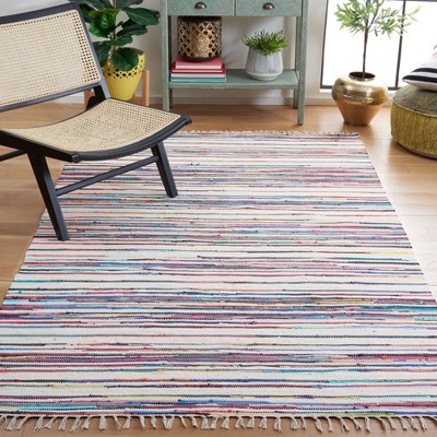 Ivory and Multicolor Round Cotton Handmade Flat Woven Rug