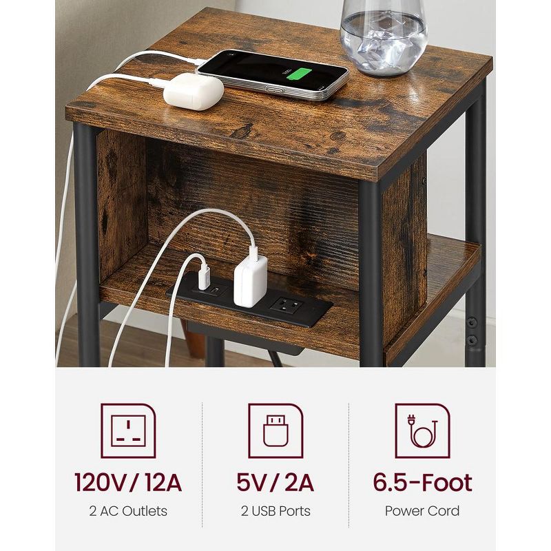 VASAGLE End Table with Charging Station, 3-Tier Side Table with USB Ports and Outlets Nightstand, 3 of 8