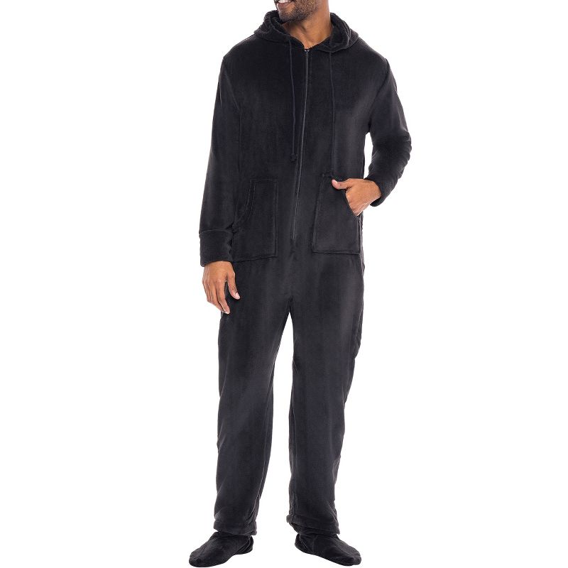 Men's Plush Fleece One Piece Hooded Footed Zipper Pajamas Set, Soft Adult Onesie Footie with Hood, 1 of 10