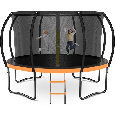 Zevemomo 10FT Trampoline with Safety Enclosure Net, Ladder, ASTM Approved. Outdoor Pumpkin Trampoline for Kids and Adults, Coated Metal Frame,orange
